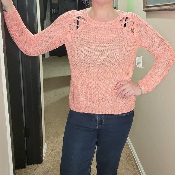 Love More Sweaters - Love More Peach Orange Sweater with Shoulder Cut Outs Size Medium